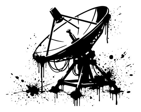 Parabolic satellite dish with technical details and ink drips in grunge style