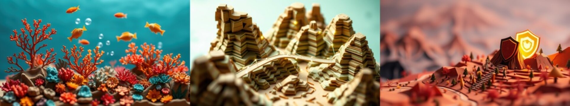 Three distinct scenes. Coral reef, rocky landscape, desert settlement. Miniature models suggest tabletop gaming or dioramas.