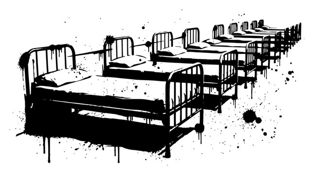 Rows of hospital beds in a ward with distressed ink splatter grunge style