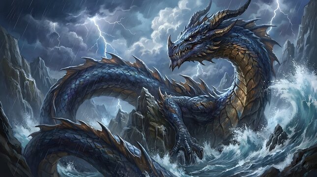 Dark Fantasy Leviathan Dragon Scene with Thunderstorm Sky and Crashing Waves