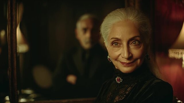Mysterious senior woman portrait, elegant vampire in dark room. Atmospheric fantasy scene, sophisticated gaze, vintage aesthetic. Mature beauty, captivating presence, dim lighting.