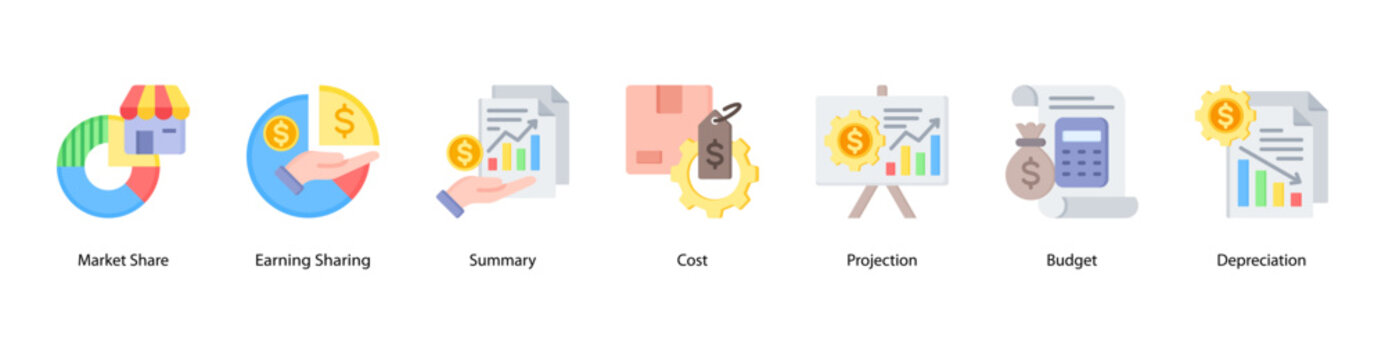 Business Finance web banner icon vector illustration featuring Market Share, Earning Sharing, Summary, Cost, Projection, Budget, and Depreciation.