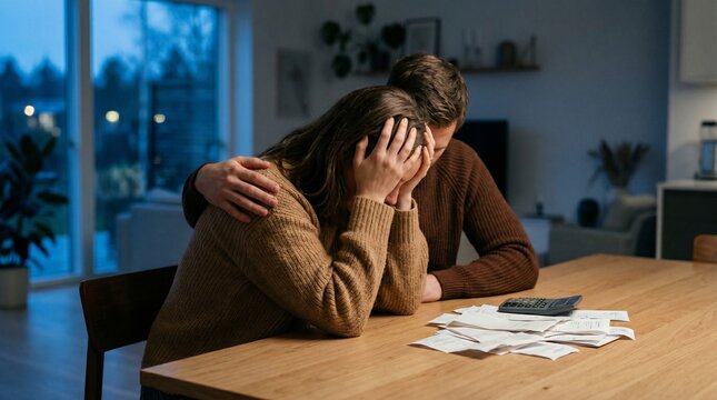 Man comforting sad woman stressed about finances at home.