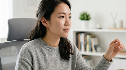 Obraz premium Focused Asian woman working at desk in modern home office.