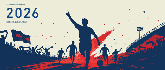 World Football Cup 2026 Championship Banner - Soccer Player Celebrating Victory with Fans Silhouette Background © Sheikh