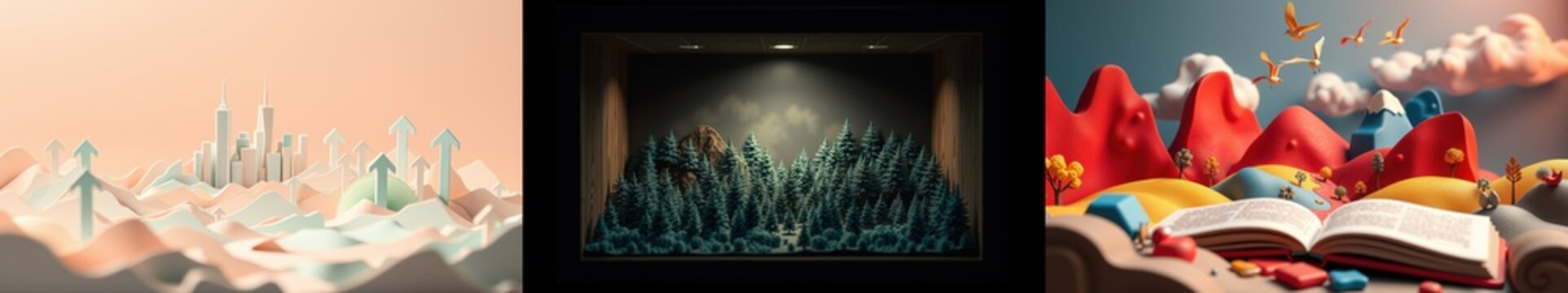 Three distinct scenes. First shows cityscape, second forest, third fantasy landscape with open book. All appear miniature, artistic.