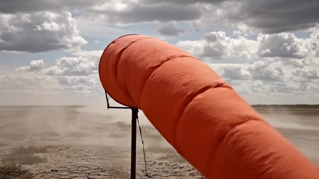 Red hot air balloon floating over desert landscape