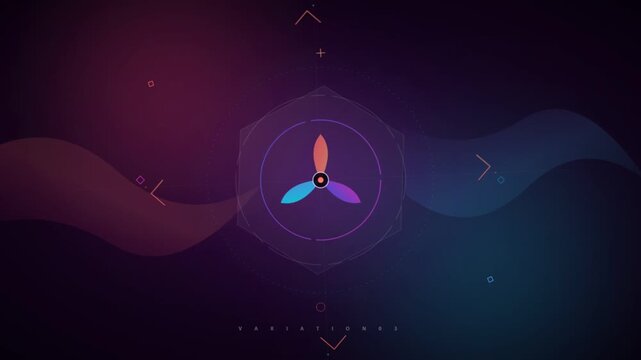 A futuristic illustration of a propeller surrounded by a hexagon on a colorful background with wavy lines and geometric shapes.