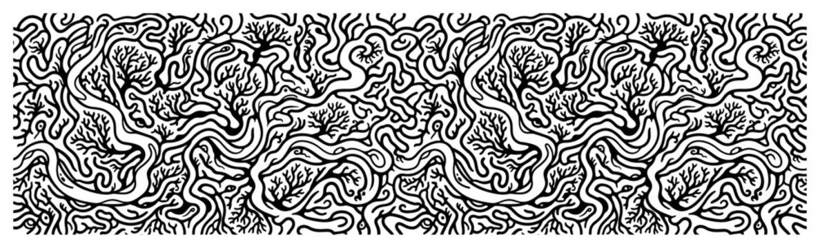 Organic tangled lines forming coral or root structures in hand drawn doodle style