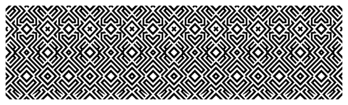 Geometric diamond maze pattern with intricate tribal motifs in bold black and white style