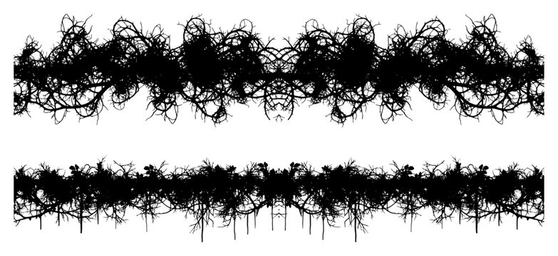 Dense thorny branch horizontal borders in dark forest silhouette style