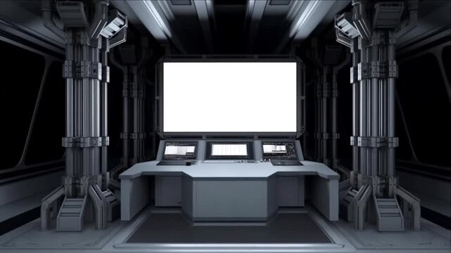 巨大なモニターとデスクが形成され白い建築ワイヤーフレームが表示されるワークステーションの抽象映像