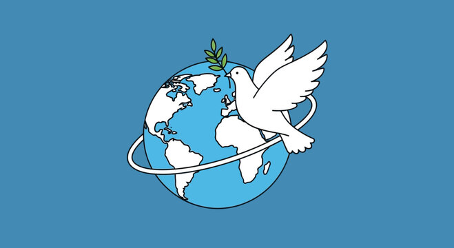 White dove holding olive branch globe.