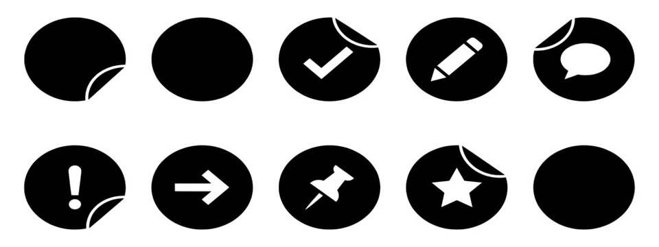 Set of 10 black icons with rounded corners and stickers effect