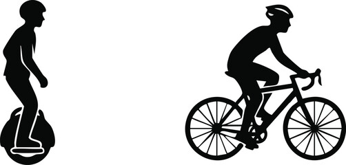 A black and white silhouette icon set featuring a person riding an electric unicycle and a cyclist riding a road bicycle, isolated on a white background. © Raju