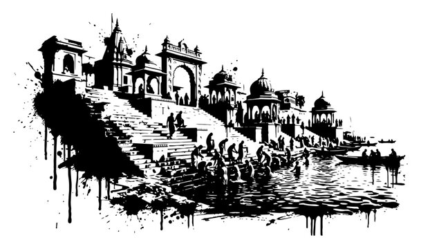 Indian temple ghats by the river bank in urban stencil grunge style