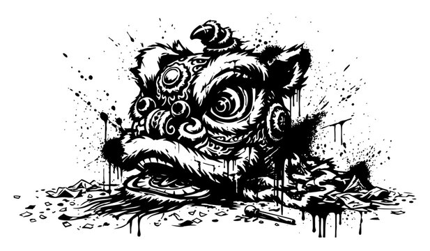 Traditional chinese lion dance mask head with messy ink drips in cultural grunge style