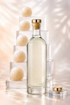 Rambutan elixir bottle with peeled fruit and acrylic display
