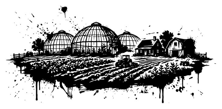 Rural farm landscape with field tractor and greenhouse domes in artistic grunge style