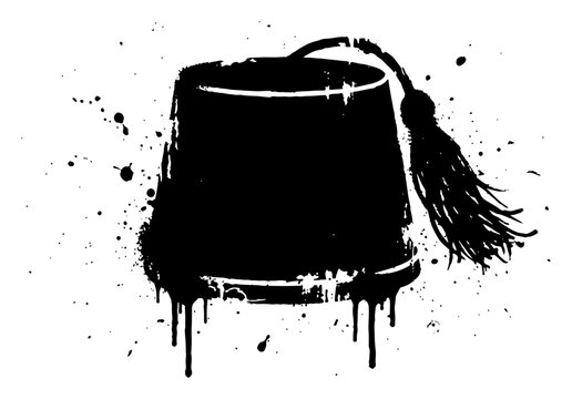 Traditional fez hat with tassel and dripping ink splatters in grunge silhouette style
