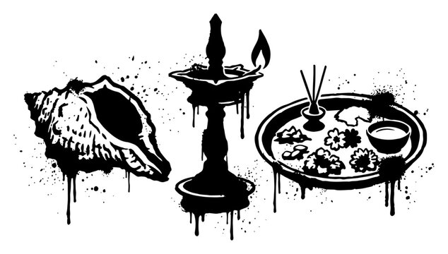 Indian puja ritual items with conch shell and oil lamp in urban stencil style