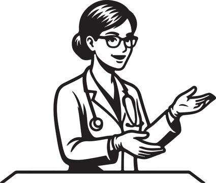 Female Doctor wearing Glasses and Stethoscope Presenting or Showing Something Vector Illustration.