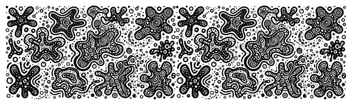 Microscopic organic organisms and amoeba shapes with intricate line patterns in black and white doodle style