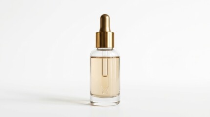 Naklejka premium Clear glass dropper bottle with beige liquid and gold pipette on white background glass bottle