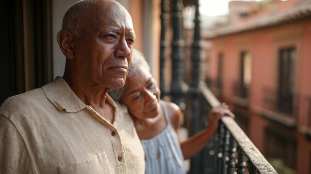 Loving elderly couple on balcony. Husband comforts wife, sharing a quiet moment. Warm sunlight, tender emotions, peaceful retirement. Vintage architecture, Havana vibes, enjoying life together.