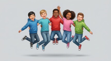 Fototapeta premium Five happy children in colorful clothes jumping in a studio setting