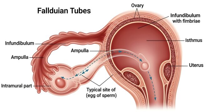 Fallopian Tubes and Fertilization Pathway: Detailed Illustration of Infundibulum with Fimbriae, Ampulla, Isthmus, Intramural Part and Uterine Cavity Showing Typical Site of Sperm&ndash;Oocyte Union and Earl