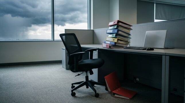 Empty office workstation with stack of binders and storm clouds outside window.