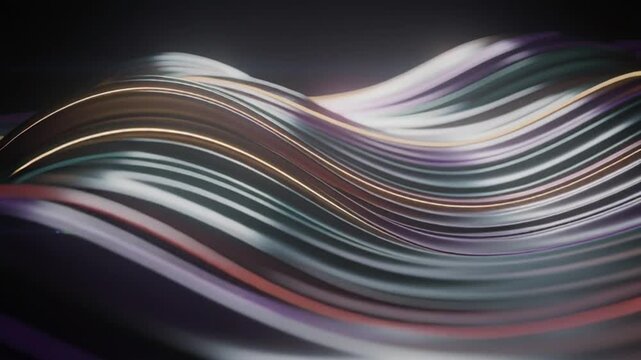 Abstract 3D animation of colorful metallic waves flowing and rippling smoothly on a dark background.