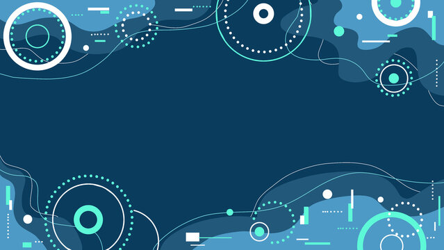 Abstract blue background with white and gradient blue circles, lines, dots, squares pattern. Gradient blue versatile background with geometric pattern.