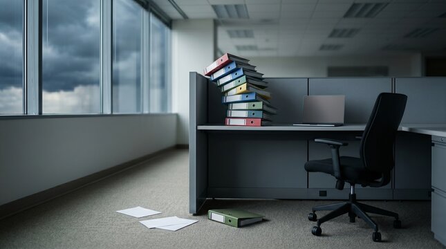 Stack of office binders tipping over on a desk in an empty cubicle.