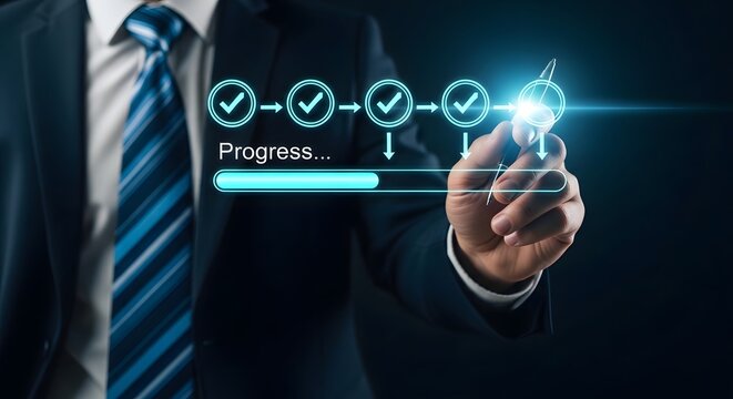 Loading progress bar with checkmarks and businessman