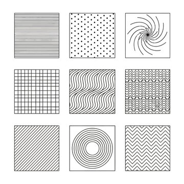 Geometric pattern set: squares with lines, dots, spirals, waves, zigzags