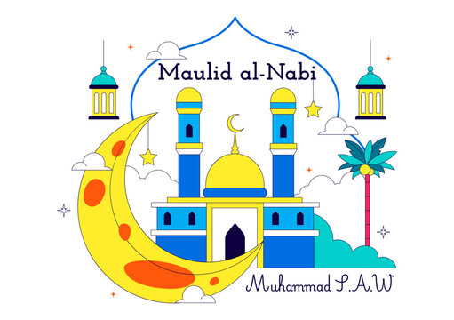 Maulid Nabi Vector Illustration Featuring Islamic Mosque, Crescent Moon, Lantern and Mawlid Celebration Design Templat