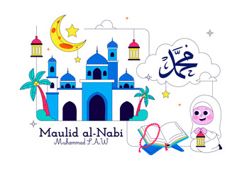 Obraz premium Maulid Nabi Vector Illustration Featuring Islamic Mosque, Crescent Moon, Lantern and Mawlid Celebration Design Templat