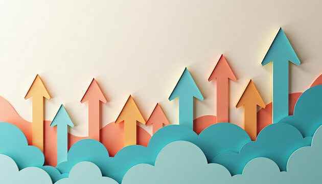 Colorful paper arrows rising through clouds symbolizing progress and motivation 