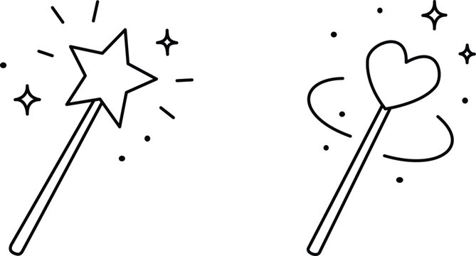 Black line art magic wands with star and heart shapes, sparkle wand icons isolated on white background