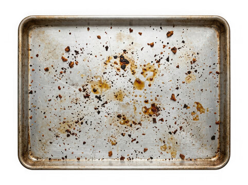 Baking cookie sheet with grease stains isolated PNG on transparent background, used kitchen tray for cooking and baking preparation concepts