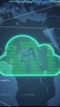 Vertical video: Neon-green cloud outline appearing, filling with dot matrix and showing data on map