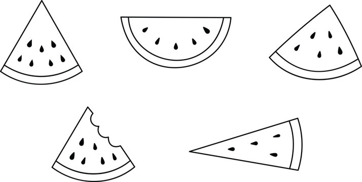 Vector illustration of various watermelon slices isolated on white background, fresh fruit pieces in flat style