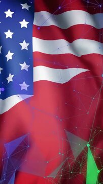 Vertical video: US flag waving after particle surge, overlay shifting then fading, revealing canton