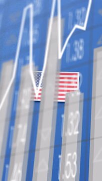 Vertical video: White line growing, US flag staying centered while bars rising, visualizing market