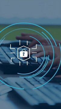 Vertical video: User hands typing, keys initiating blue HUD pulsing over keyboard, securing data