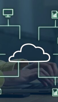 Vertical video: User holding phone cloud linking screen chart putting it down typing on pc syncing