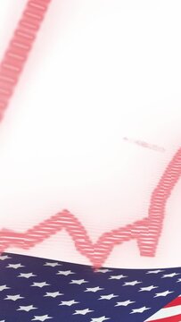Vertical video: Spike rising into arrow red line fluctuating above American flag showing data 42