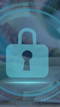 Vertical video: Cyber Security title fading and starting HUD, padlock scanning over team typing